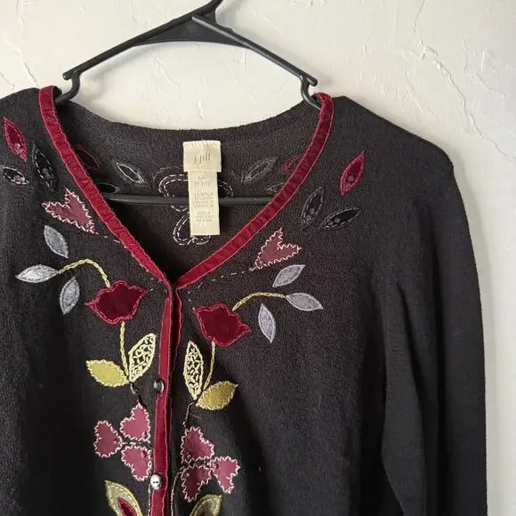J Jill Sweater Y2k‎ Whimsigoth Medium Petite Floral Embroidered Button Cardigan - Picture 3 of 9